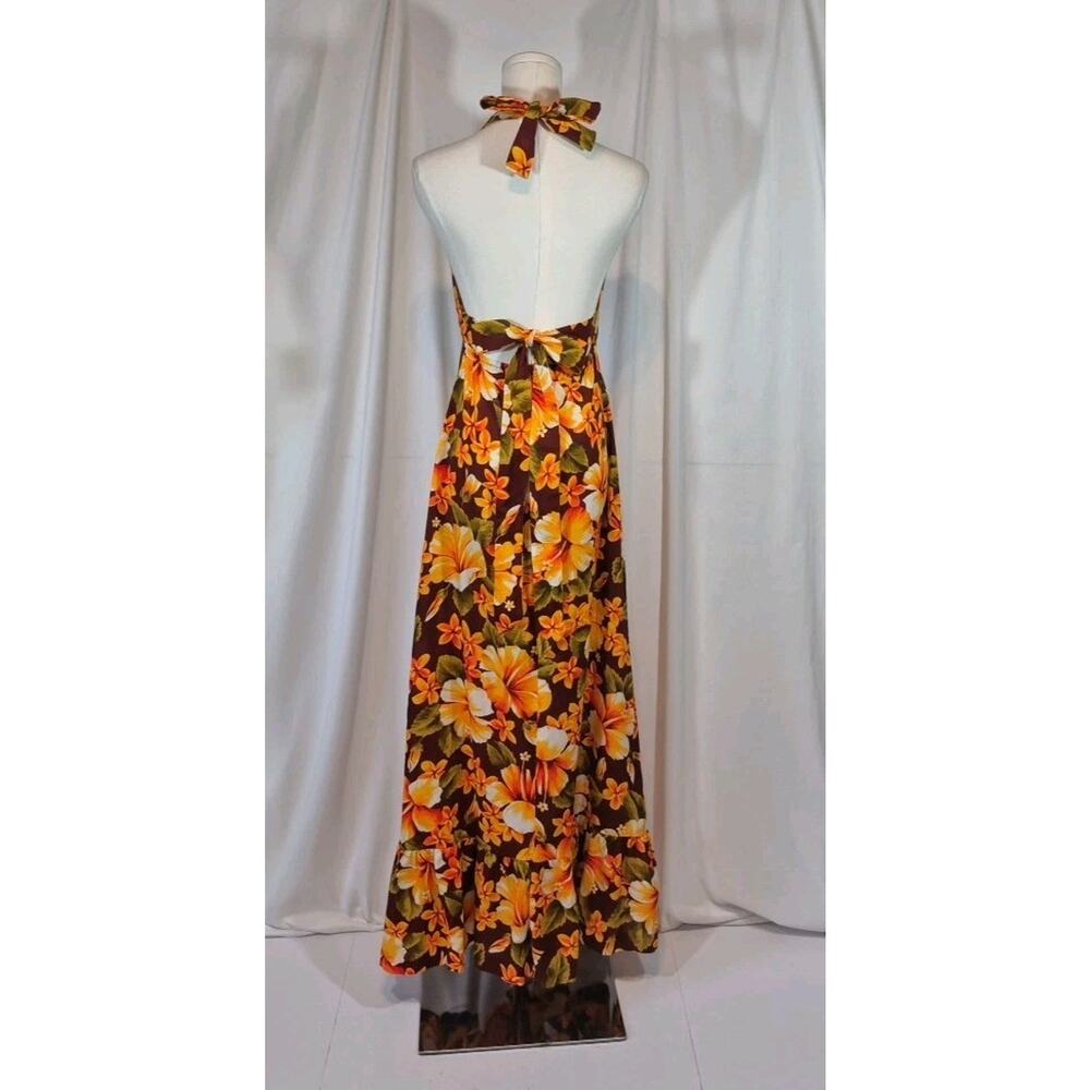 Vintage Hawaiian Cotton Orange Retro Green Floral Halter Maxi Dress US 8 10 - Picture 6 of 12